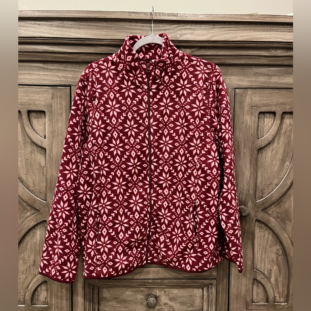 NWT Women’s I.B. DIFFUSION Pink/Maroon Full Zip Patterned Fleece Jacket (Large)
